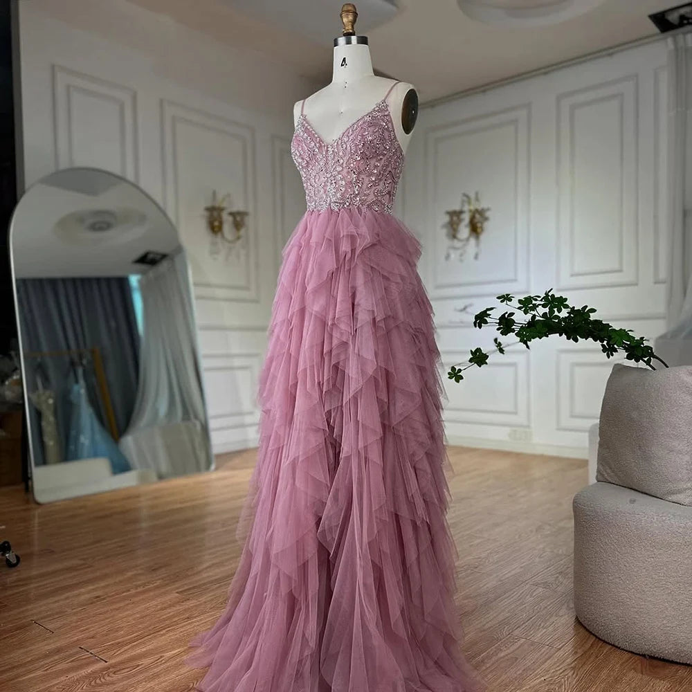 Luxury Dubai Pink Spaghetti Strap Evening Gown Beaded Bodice and Layered Tulle Skirt for Formal Occasion LA72893 - SERENE HILL