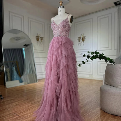 Luxury Dubai Pink Spaghetti Strap Evening Gown Beaded Bodice and Layered Tulle Skirt for Formal Occasion LA72893 - SERENE HILL