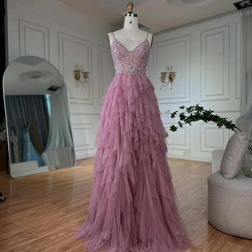 Luxury Dubai Pink Spaghetti Strap Evening Gown Beaded Bodice and Layered Tulle Skirt for Formal Occasion LA72893 - SERENE HILL