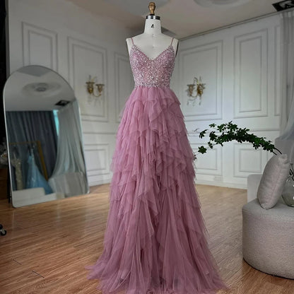 Luxury Dubai Pink Spaghetti Strap Evening Gown Beaded Bodice and Layered Tulle Skirt for Formal Occasion LA72893 - SERENE HILL