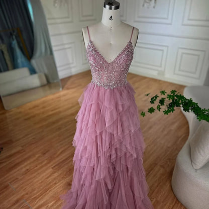 Luxury Dubai Pink Spaghetti Strap Evening Gown Beaded Bodice and Layered Tulle Skirt for Formal Occasion LA72893 - SERENE HILL