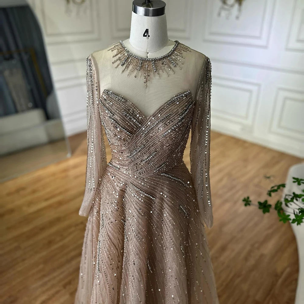 Luxury Dubai Caramel Crystal Beaded A-Line Evening Gown LA72563A - SERENE HILL