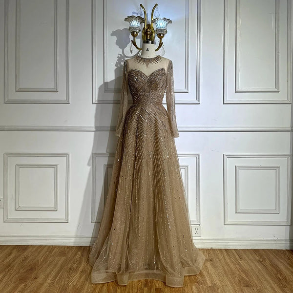 Luxury Dubai Caramel Crystal Beaded A-Line Evening Gown LA72563A