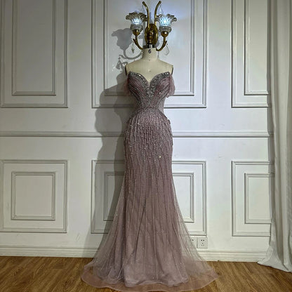 Saudi Arabic Off Shoulder Nude Beaded Tulle Mermaid Evening Gown LA72854 - SERENE HILL