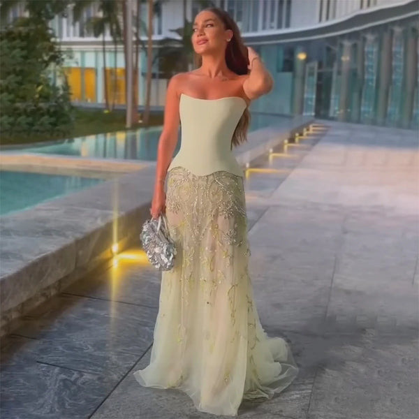 Elegant Sage Green Beaded A-Line Evening Dress Gown LA72809