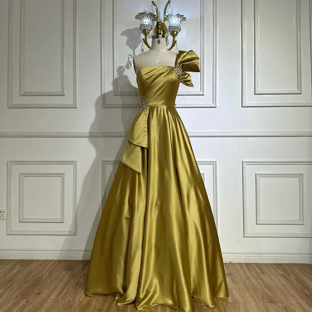 Luxury Yellow Satin One Shoulder A Line Evening Dress LA72794 - SERENE HILL
