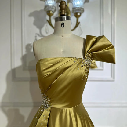 Luxury Yellow Satin One Shoulder A Line Evening Dress LA72794 - SERENE HILL
