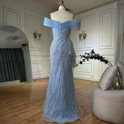 Luxury Blue Beaded Off-Shoulder Mermaid Evening Gown LA72867 - SERENE HILL