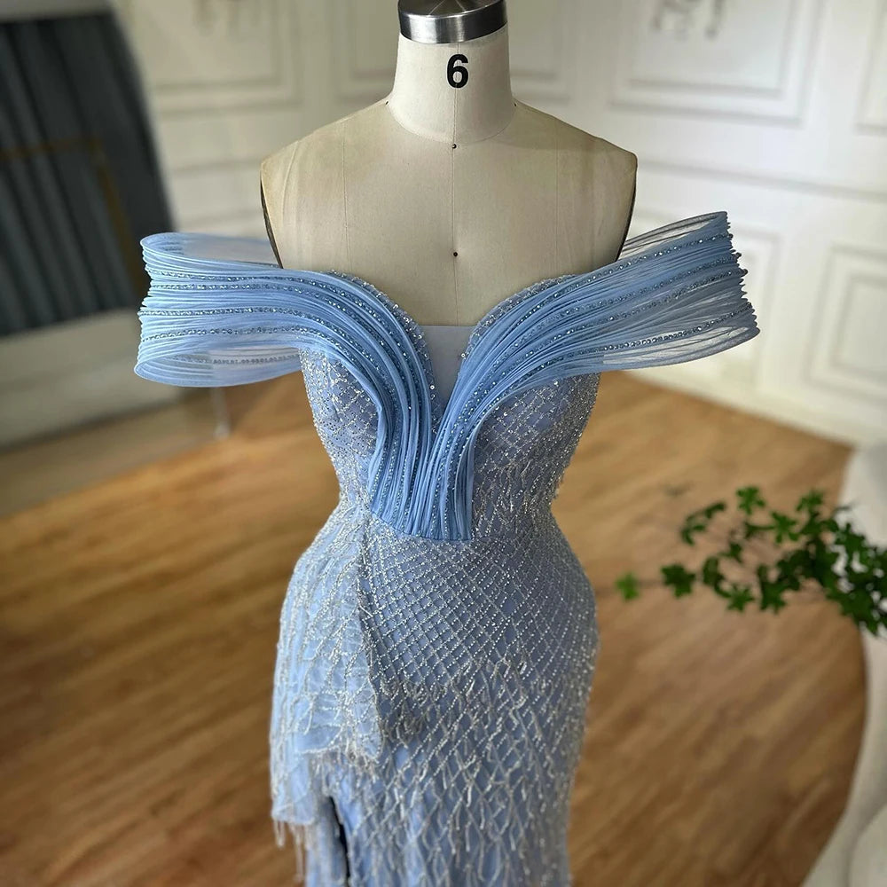 Luxury Blue Beaded Off-Shoulder Mermaid Evening Gown LA72867 - SERENE HILL