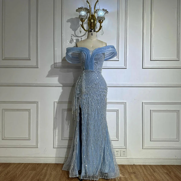 Luxury Blue Beaded Off-Shoulder Mermaid Evening Gown LA72867
