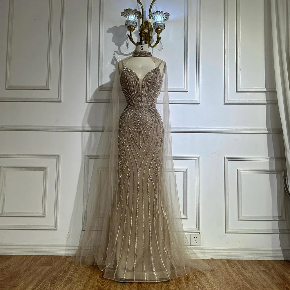 Luxury Dubai Saudi Caramel Mermaid Arabic Evening Dresses with Beaded Cape Sleeves for Formal Occasion LA72852 - SERENE HILL
