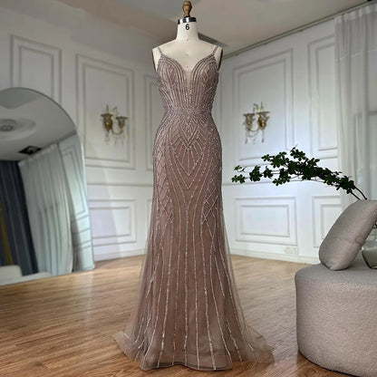Luxury Dubai Saudi Caramel Mermaid Arabic Evening Dresses with Beaded Cape Sleeves for Formal Occasion LA72852 - SERENE HILL
