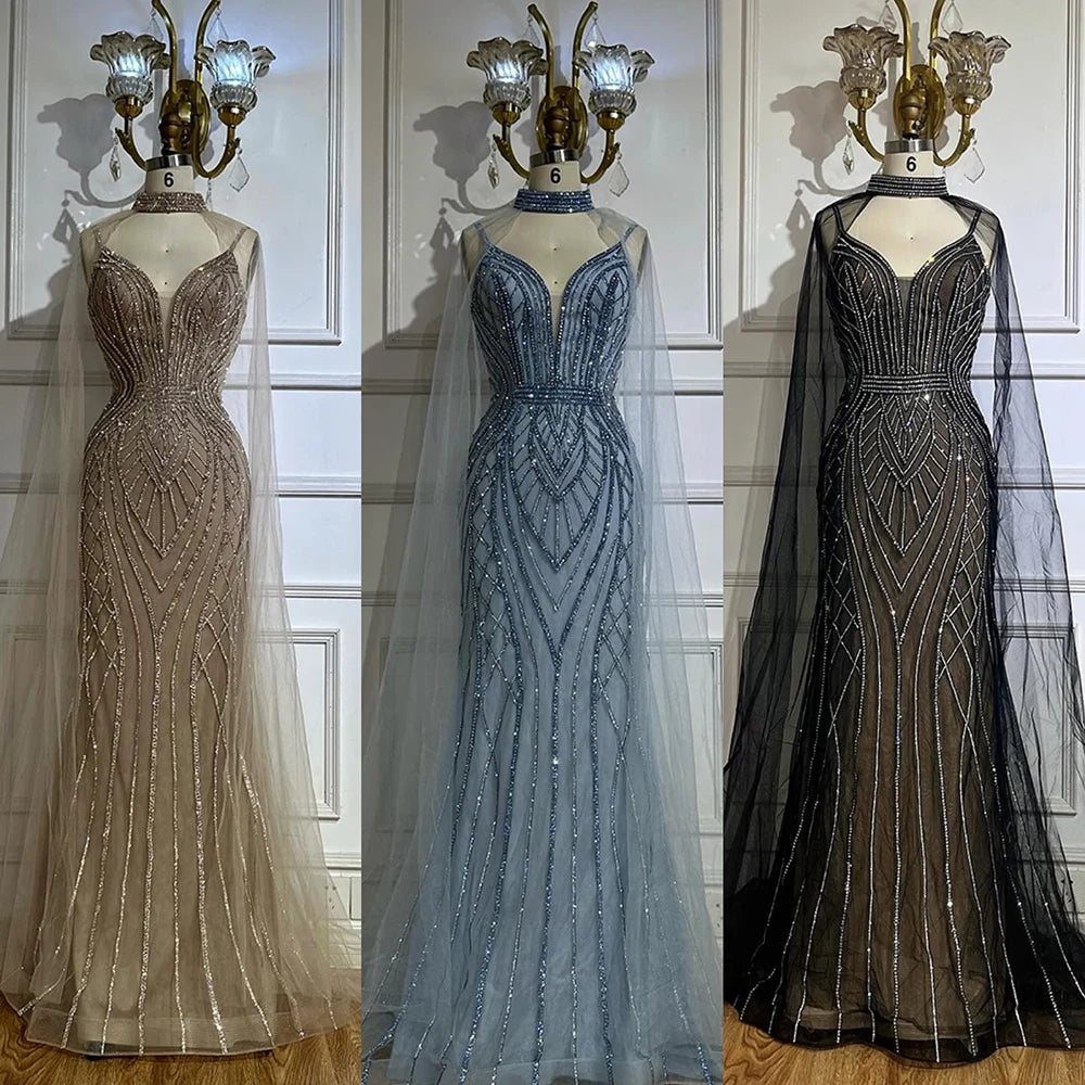 Luxury Dubai Saudi Caramel Mermaid Arabic Evening Dresses with Beaded Cape Sleeves for Formal Occasion LA72852 - SERENE HILL