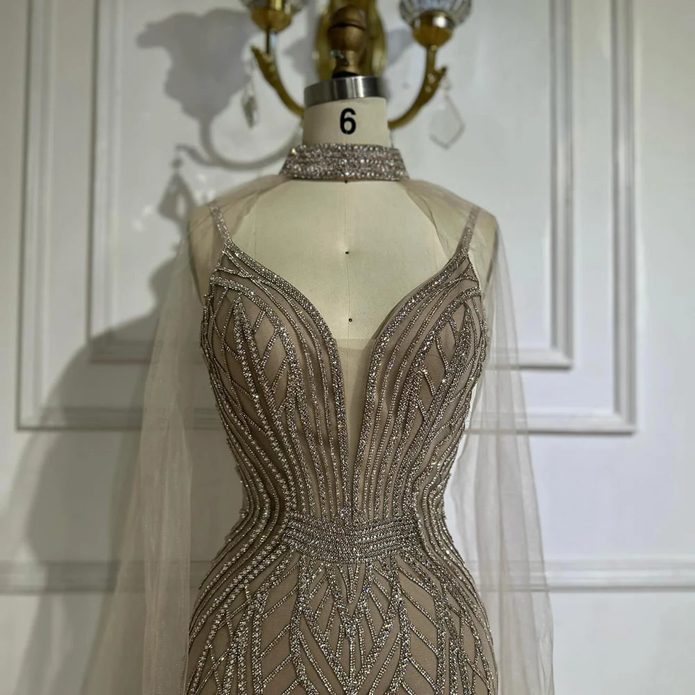 Luxury Dubai Saudi Caramel Mermaid Arabic Evening Dresses with Beaded Cape Sleeves for Formal Occasion LA72852 - SERENE HILL