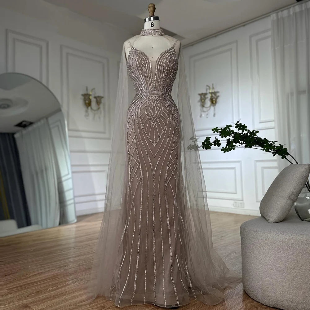 Luxury Dubai Saudi Caramel Mermaid Arabic Evening Dresses with Beaded Cape Sleeves for Formal Occasion LA72852 - SERENE HILL