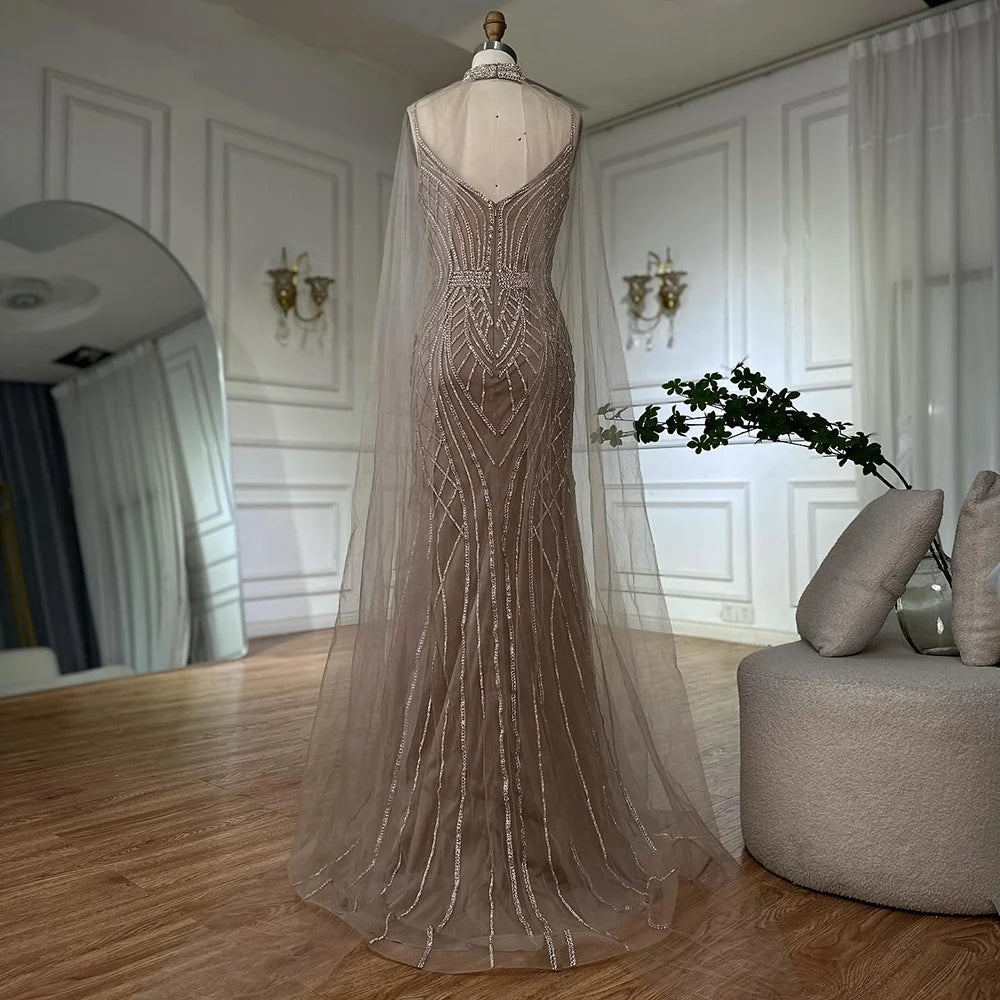 Luxury Dubai Saudi Caramel Mermaid Arabic Evening Dresses with Beaded Cape Sleeves for Formal Occasion LA72852 - SERENE HILL