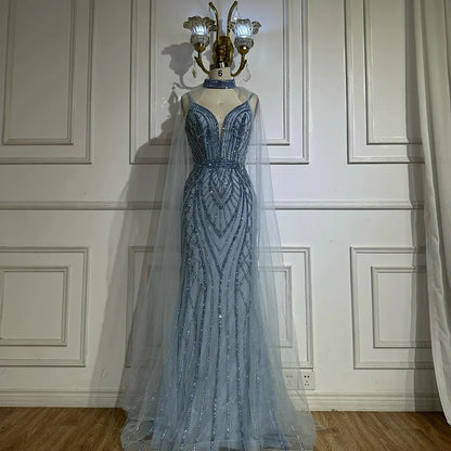 Luxury Dubai Saudi Caramel Mermaid Arabic Evening Dresses with Beaded Cape Sleeves for Formal Occasion LA72852 - SERENE HILL