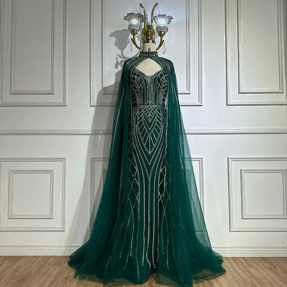 Luxury Dubai Saudi Green Mermaid Arabic Evening Dresses with Beaded Cape Sleeves for Formal Occasion LA72838 - SERENE HILL