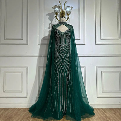 Luxury Dubai Saudi Green Mermaid Arabic Evening Dresses with Beaded Cape Sleeves for Formal Occasion LA72838 - SERENE HILL