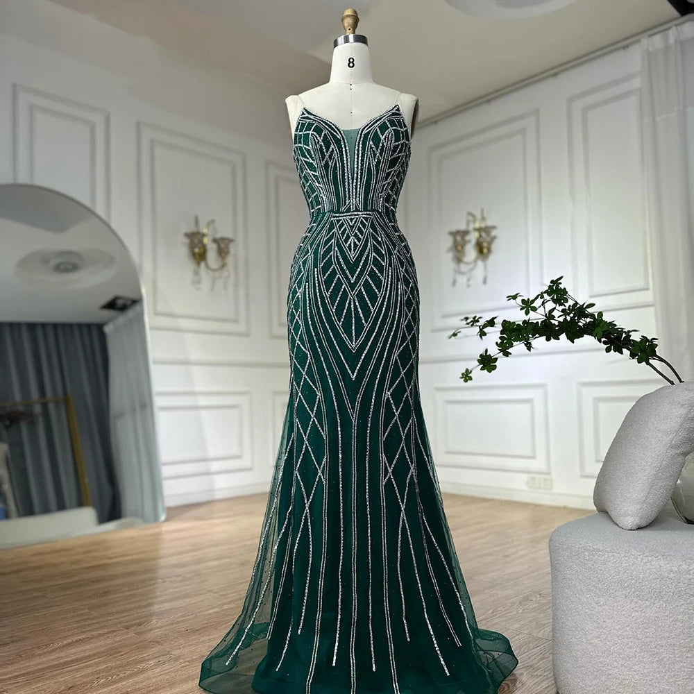 Luxury Dubai Saudi Green Mermaid Arabic Evening Dresses with Beaded Cape Sleeves for Formal Occasion LA72838 - SERENE HILL