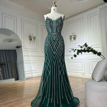 Luxury Dubai Saudi Green Mermaid Arabic Evening Dresses with Beaded Cape Sleeves for Formal Occasion LA72838 - SERENE HILL
