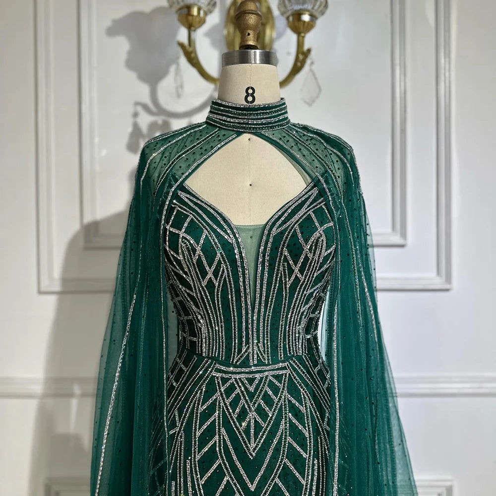 Luxury Dubai Saudi Green Mermaid Arabic Evening Dresses with Beaded Cape Sleeves for Formal Occasion LA72838 - SERENE HILL