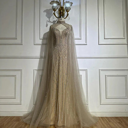 Luxury Dubai Saudi Green Mermaid Arabic Evening Dresses with Beaded Cape Sleeves for Formal Occasion LA72838 - SERENE HILL