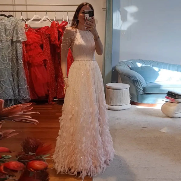 Luxury Dubai   Saudi Luxury Pink Feathers A Line Arabic Beaded Evening Dress Gown for Formal Occasion LA72721
