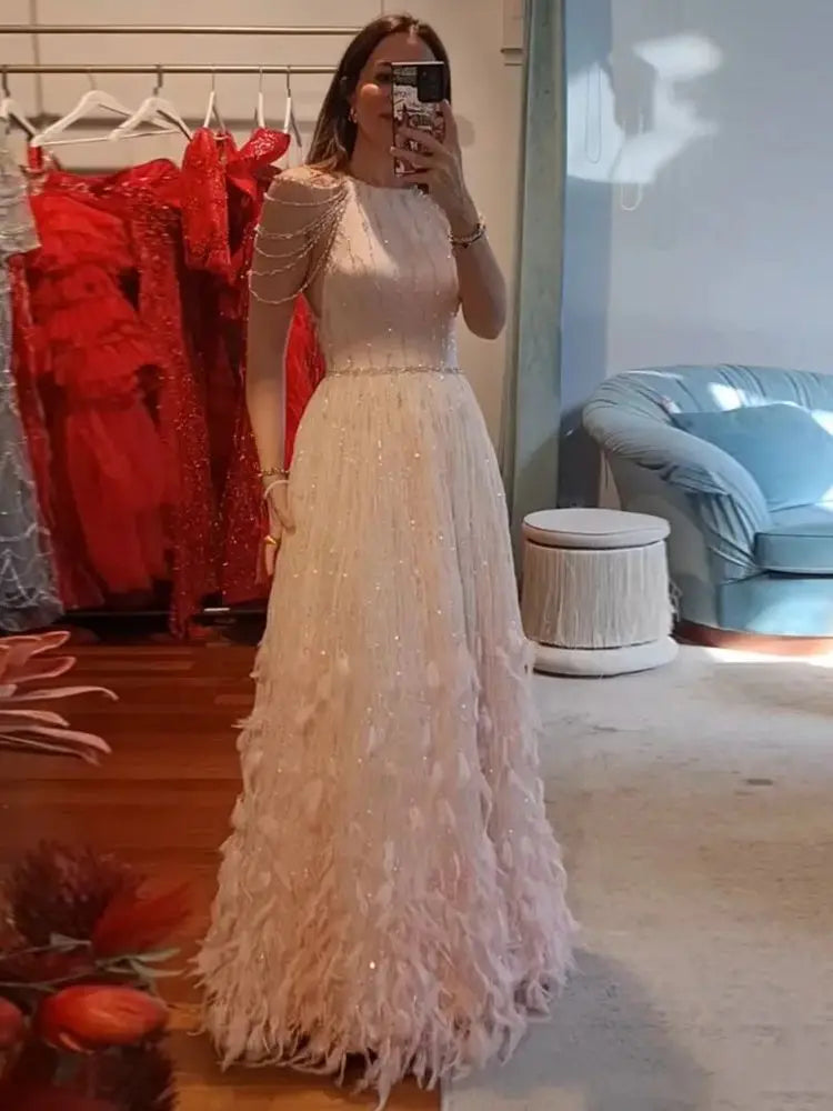 Luxury Dubai Saudi Luxury Pink Feathers A Line Arabic Beaded Evening Dress Gown for Formal Occasion LA72721 - SERENE HILL