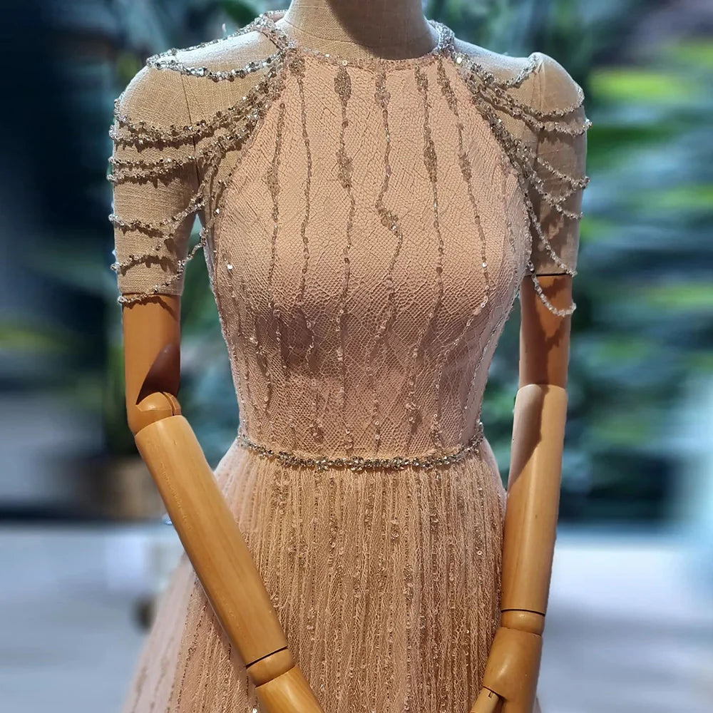 Luxury Dubai Saudi Luxury Pink Feathers A Line Arabic Beaded Evening Dress Gown for Formal Occasion LA72721 - SERENE HILL