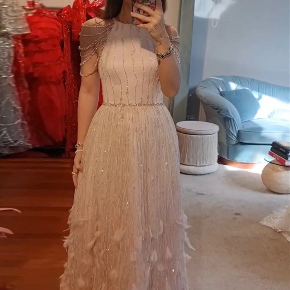 Luxury Dubai Saudi Luxury Pink Feathers A Line Arabic Beaded Evening Dress Gown for Formal Occasion LA72721 - SERENE HILL