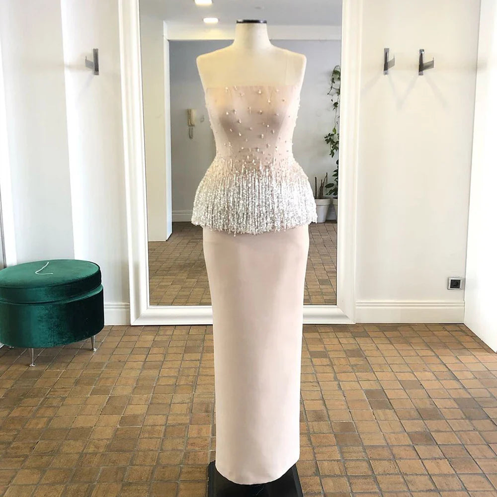 Luxury Dubai Saudi Nude Pink Arabic Mermaid Evening Dresses Gowns Beaded Tassel for Occasion LA72804 - SERENE HILL