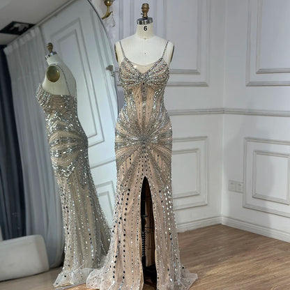 Luxury Dubai Silver Nude Beaded Spaghetti Strap Mermaid Evening Dresses Gowns for Formal Occasion LA72803 - SERENE HILL