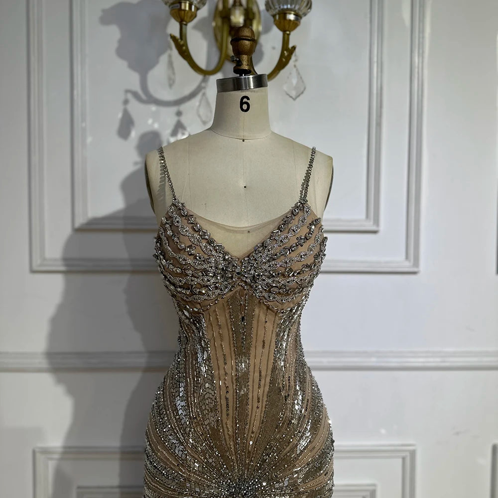 Luxury Dubai Silver Nude Beaded Spaghetti Strap Mermaid Evening Dresses Gowns for Formal Occasion LA72803 - SERENE HILL