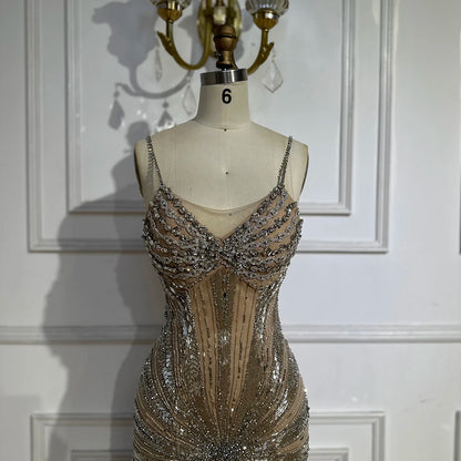 Luxury Dubai Silver Nude Beaded Spaghetti Strap Mermaid Evening Dresses Gowns for Formal Occasion LA72803 - SERENE HILL