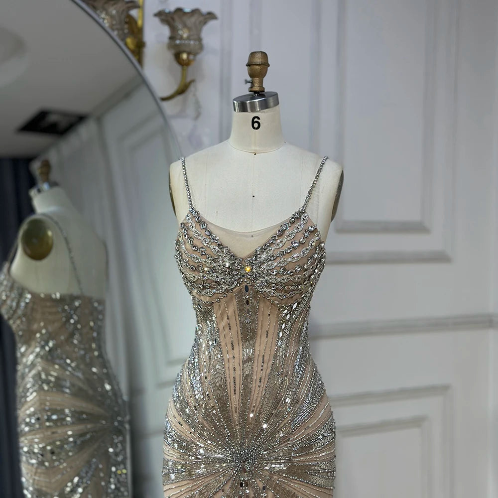 Luxury Dubai Silver Nude Beaded Spaghetti Strap Mermaid Evening Dresses Gowns for Formal Occasion LA72803 - SERENE HILL