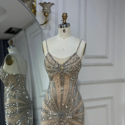 Luxury Dubai Silver Nude Beaded Spaghetti Strap Mermaid Evening Dresses Gowns for Formal Occasion LA72803 - SERENE HILL