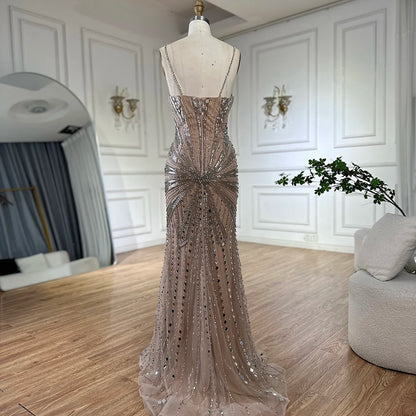 Luxury Dubai Silver Nude Beaded Spaghetti Strap Mermaid Evening Dresses Gowns for Formal Occasion LA72803 - SERENE HILL