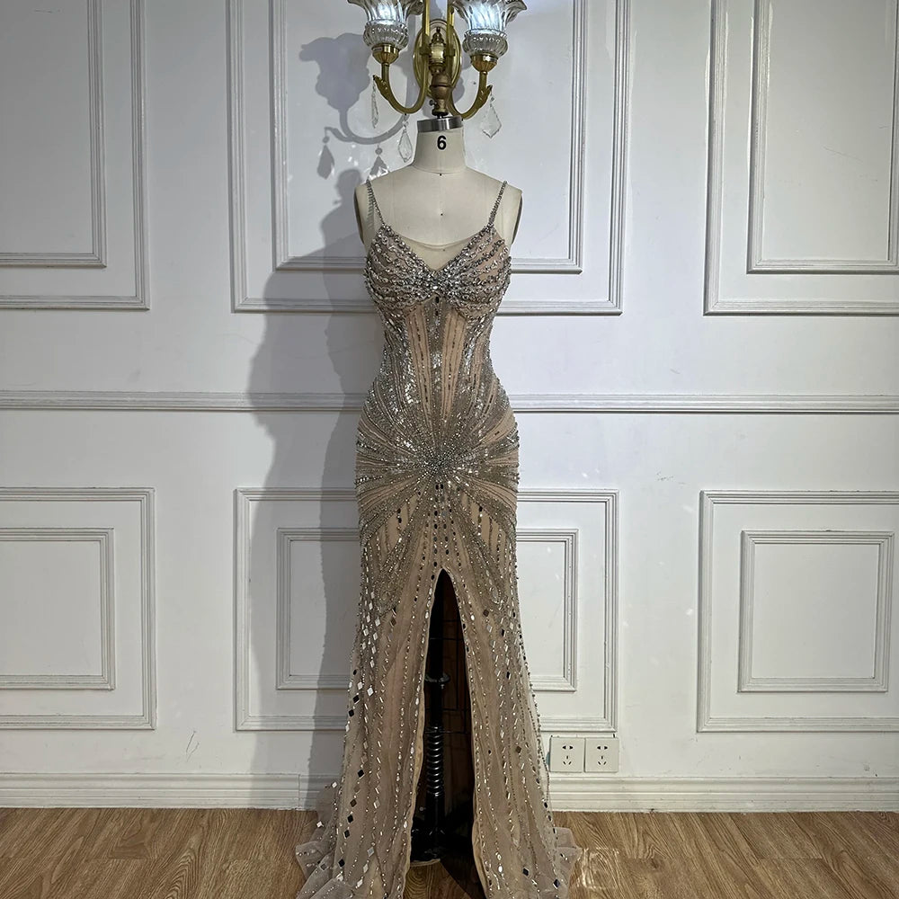 Luxury Dubai Silver Nude Beaded Spaghetti Strap Mermaid Evening Dresses Gowns for Formal Occasion LA72803 - SERENE HILL