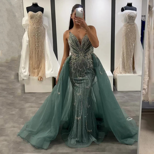 Luxury Turquoise Mermaid Evening Dress with Overskirt LA72880