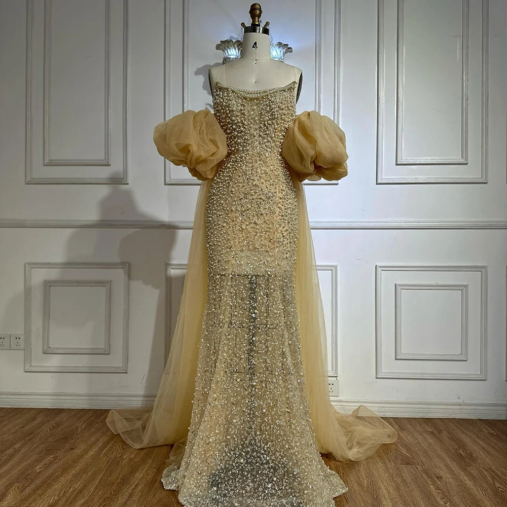 Nude Beaded Evening Gown with Vintage Half Puff Sleeves LA72653A - SERENE HILL