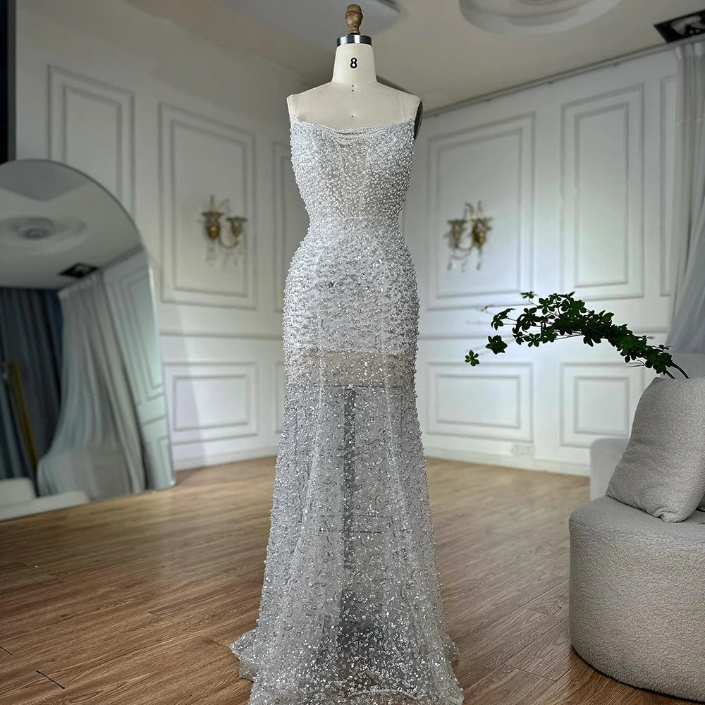 Nude Beaded Evening Gown with Vintage Half Puff Sleeves LA72653A - SERENE HILL