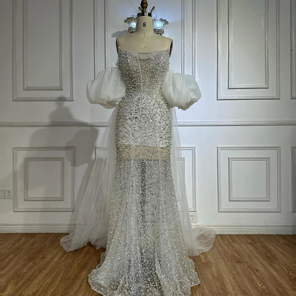 Nude Beaded Evening Gown with Vintage Half Puff Sleeves LA72653A - SERENE HILL