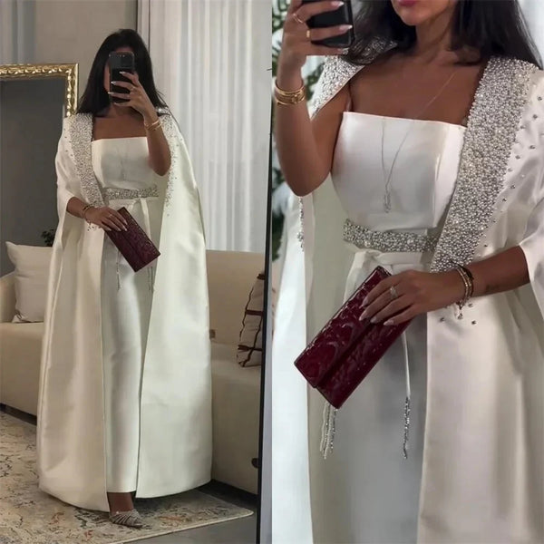 Luxury Dubai   White Mermaid Satin Arabic Evening Dresses Gowns with Long Cape for Formal Occasion LA72825