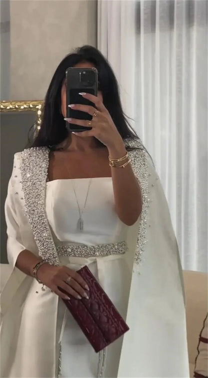 Luxury Dubai White Satin Mermaid Evening Dress with Long Cape LA72825 - SERENE HILL