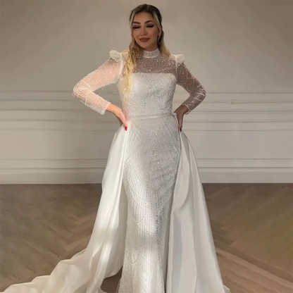 Luxury Dubai White Muslim Mermaid Evening Dress Gown with Detachable Overskirt for Formal Occasion LA72032L - SERENE HILL