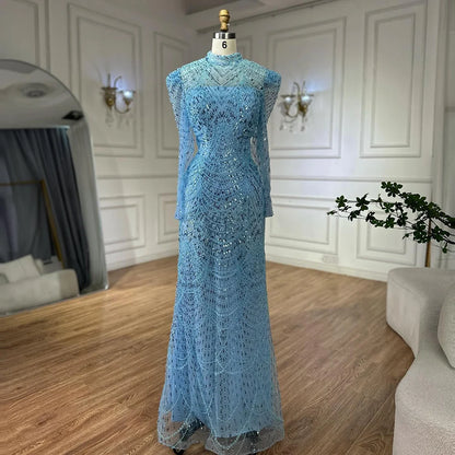 Luxury Dubai White Muslim Mermaid Evening Dress Gown with Detachable Overskirt for Formal Occasion LA72032L - SERENE HILL