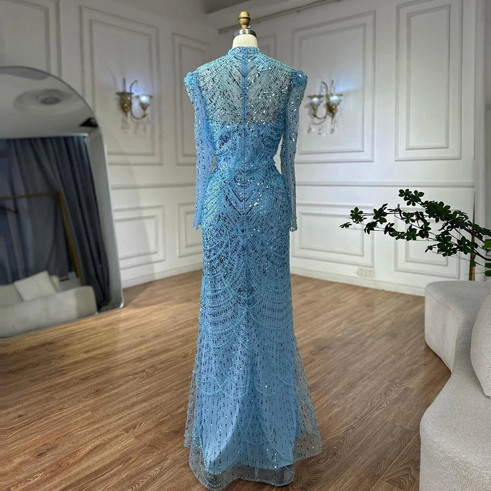 Luxury Dubai White Muslim Mermaid Evening Dress Gown with Detachable Overskirt for Formal Occasion LA72032L - SERENE HILL