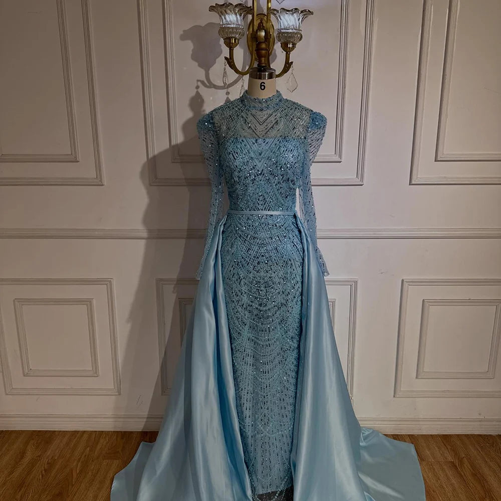 Luxury Dubai White Muslim Mermaid Evening Dress Gown with Detachable Overskirt for Formal Occasion LA72032L - SERENE HILL
