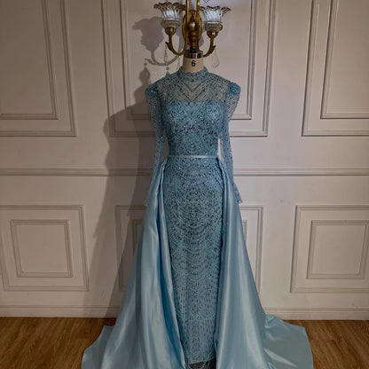 Luxury Dubai White Muslim Mermaid Evening Dress Gown with Detachable Overskirt for Formal Occasion LA72032L - SERENE HILL